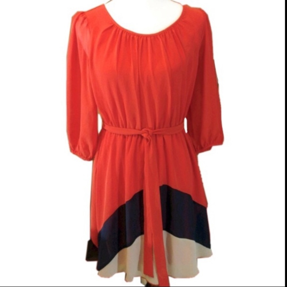 Sweet Storm Red Orange, Black & White Colorblock Mini Dress, [Sz Large]